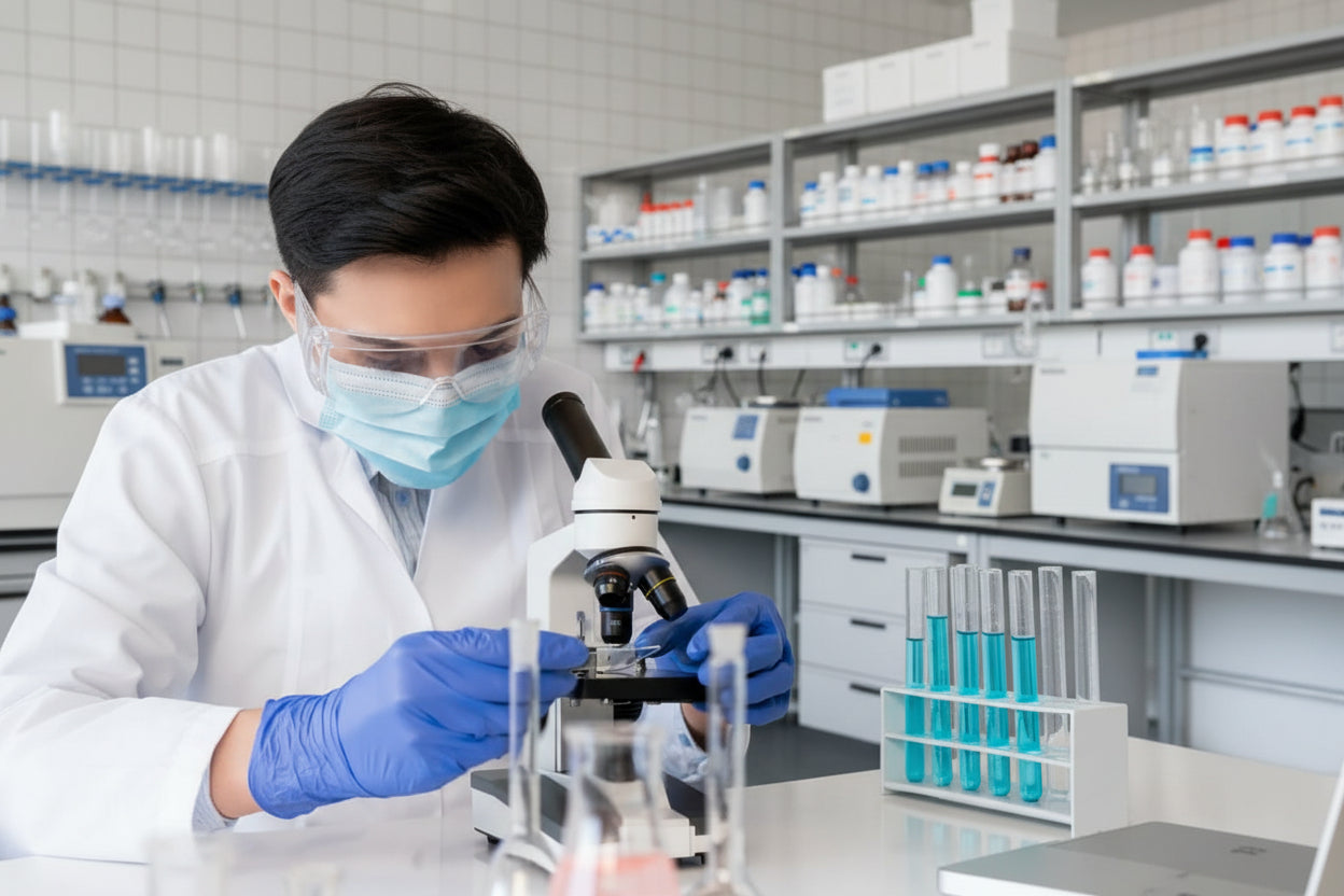 Collection - Person in a lab setting with a microscope and test tubes.
